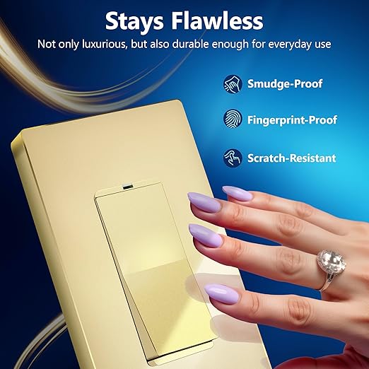 LIDER Minimalist Design Matte Finish Lighted Decorator Switch, Frameless Paddle Light Switch with Locator Light, Grounding Screw, 15A 125V, UL Listed, LS15-1P-GD2P, Gold, 2 Pack