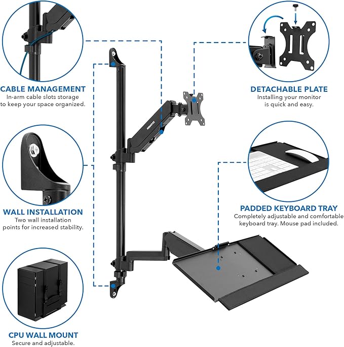 Mount-It! Wall Mount Workstation with Single Monitor Mount, Keyboard Tray and CPU Holder, Height Adjustable Full Motion Arms, Fits One 32 Inch Computer Screens