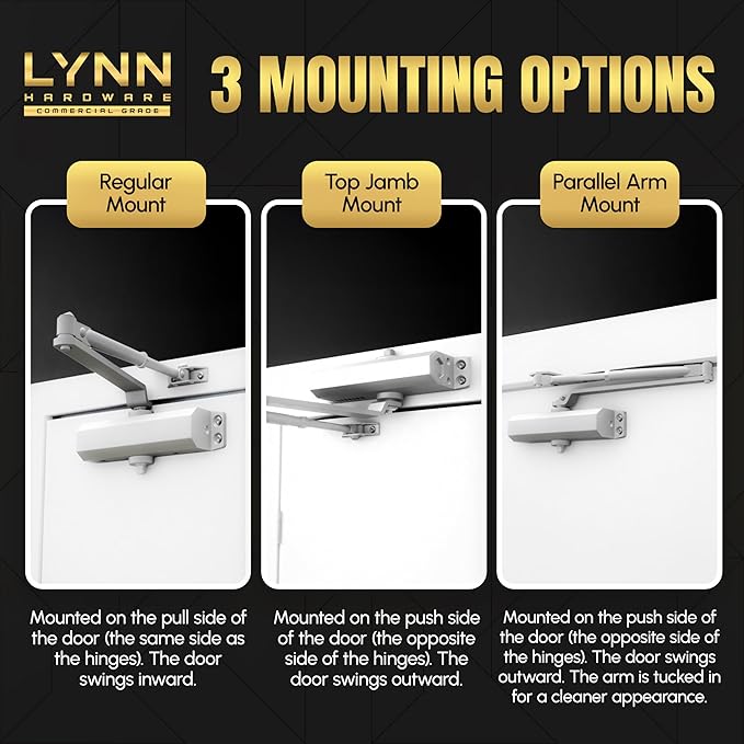 LYNN HARDWARE Heavy Duty Automatic Door Closer (Silver) - Commercial Grade, Contractors Choice, Adjustable Speed & Force, Delayed Closing Timer, 3 Mounting Options, 3 Hour Fire Rated (DC8016 Model)