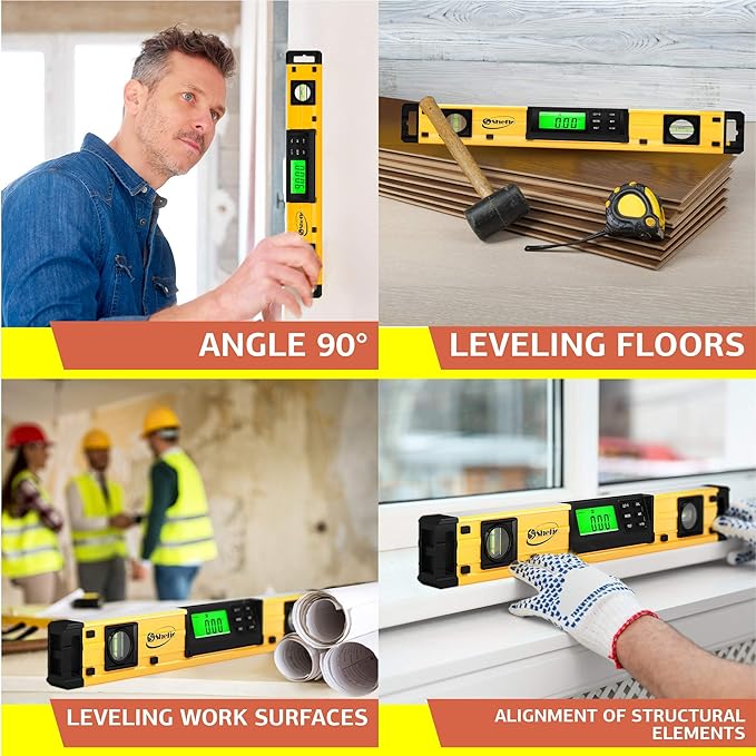 Shefio Digital Level - 18 Inch Magnetic, IP54 Dustproof and Waterproof - Protractor - Includes Batteries and Carrying Case