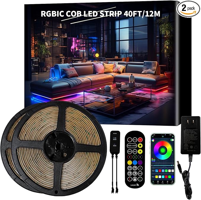 BUNACET 40ft COB RGB+IC LED Strip Lights, Bright Dream Color COB LED Light Strip with RF Remote App Control Music Sync Color Changing for Game Room Bedroom Kitchen Lighting Home Decor（2 Rolls）