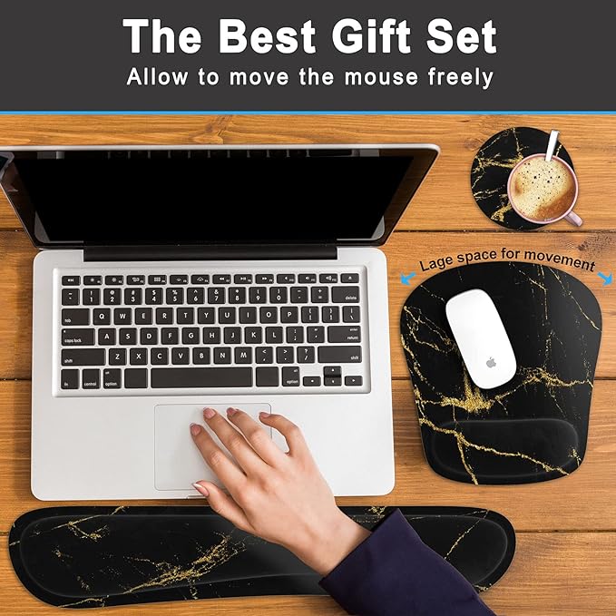 Keyboard Wrist Rest Memory Foam Ergonomic Mouse Pad with Computer Wrist Support Set with Non-Slip Rubber Base Coaster for Home, Office Easy Typing and Pain Relief - Black Marble