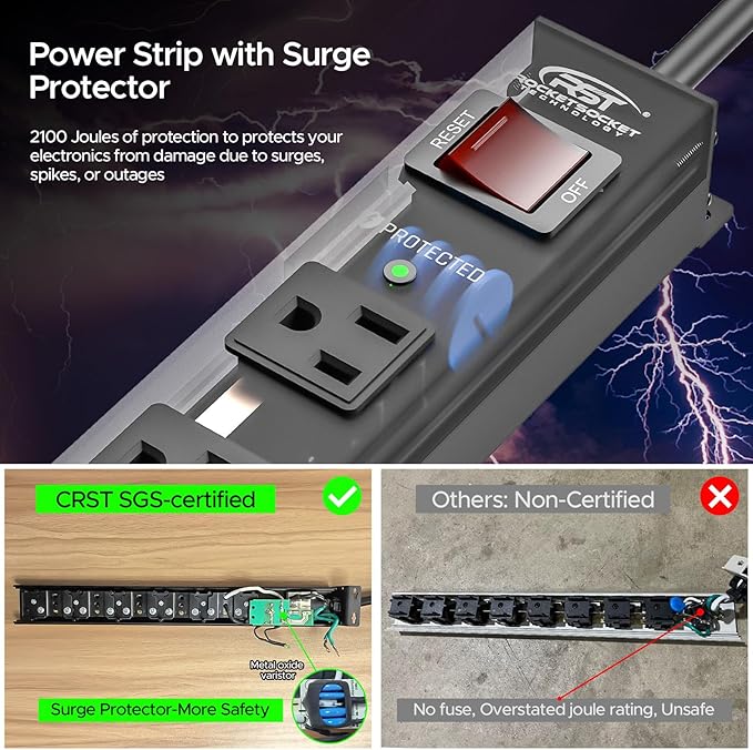 CRST 2Pack 6 Outlet Heavy Duty Power Strip with Switch, 15A/1875W Metal Mountable Power Strip Surge Protector 2100Joules, Wide Spaced Power Bar for Garage Workshop Home School, 6 FT Cord(Black)