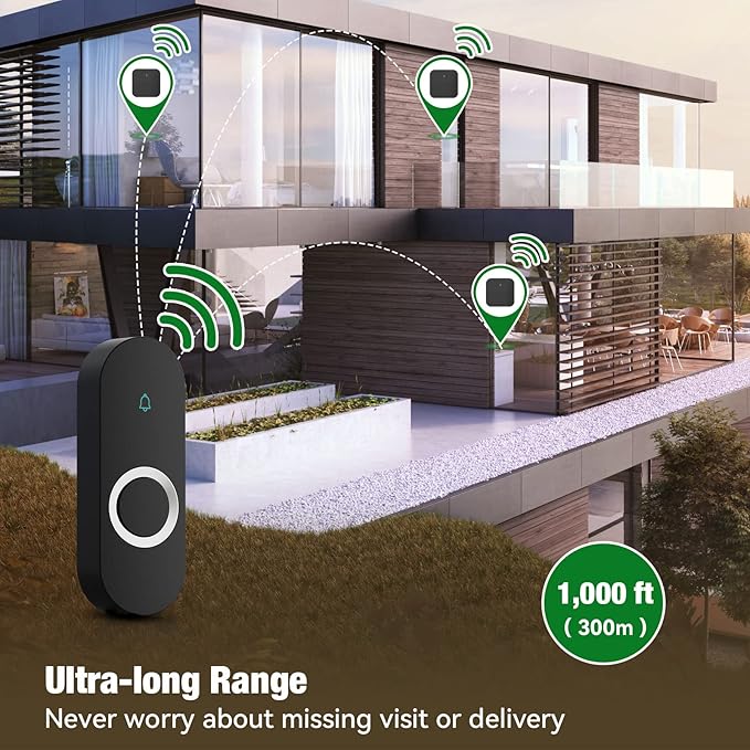 AIDA Lighted Wireless Doorbell for Home, Waterproof Battery Doorbell 1,000ft Range, 5 Volume Levels with 58 Doorbell Chimes & LED Flash(Black, Doorbell with 1 transmitter & 1 Receiver)