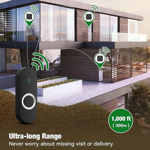 AIDA Lighted Wireless Doorbell, Home Waterproof Doorbell 1,000ft Range, 5 Volume Levels with 58 Doorbell Chimes & LED Flash (Black, Doorbell with 2 transmitters & 2 Receivers)