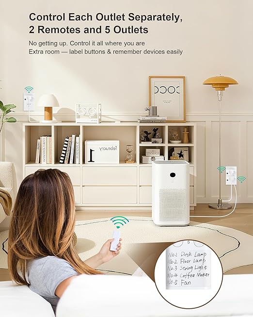 TREEWELL Remote Control Outlet, 200FT Long Range Wireless Light Switch, Mini Remote Outlet Plug, 15A/1875W High-Power for Lamps, Lights, Household Appliances, FCC & ETL Listed (5 Outlets + 2 Remotes)