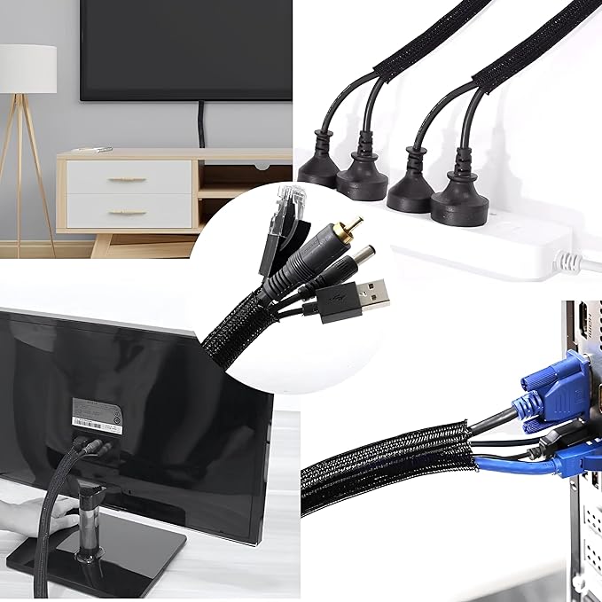 10ft - 1/2 inch Cord Protector Wire Loom Tubing Cable Sleeve Split Sleeve for USB Cable Power Cord Audio Video Cable - Management for TV Computer - Protect Cat from Chewing Cords - Black