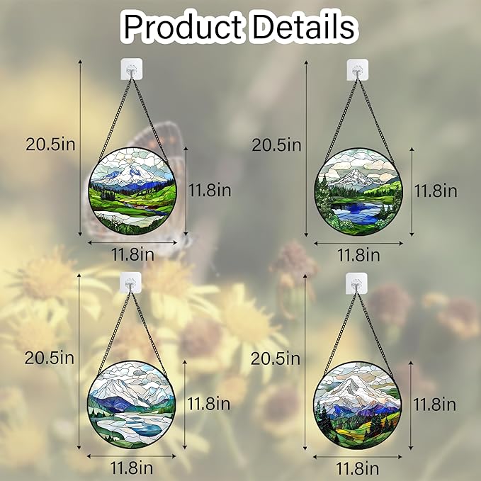 DASTOLL Stained Glass Window Hanging 4 Pcs Set Mountains Lake Green White Landscape Large 11.8" - Suncatcher Door Garden Sun Catcher Decor Birthday Christmas for Mom Woman Nana Men