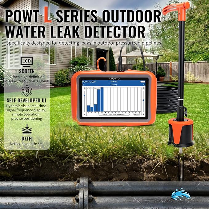 PQWT L5000 Underground Water Leak Detectors Indoor Outdoor Wall Water Pipe Detector Machine Multi Sensor Acoustic Pipeline Leakage Detection Kit Noise Reduction Headphone Smart Touchscreen Carry Case