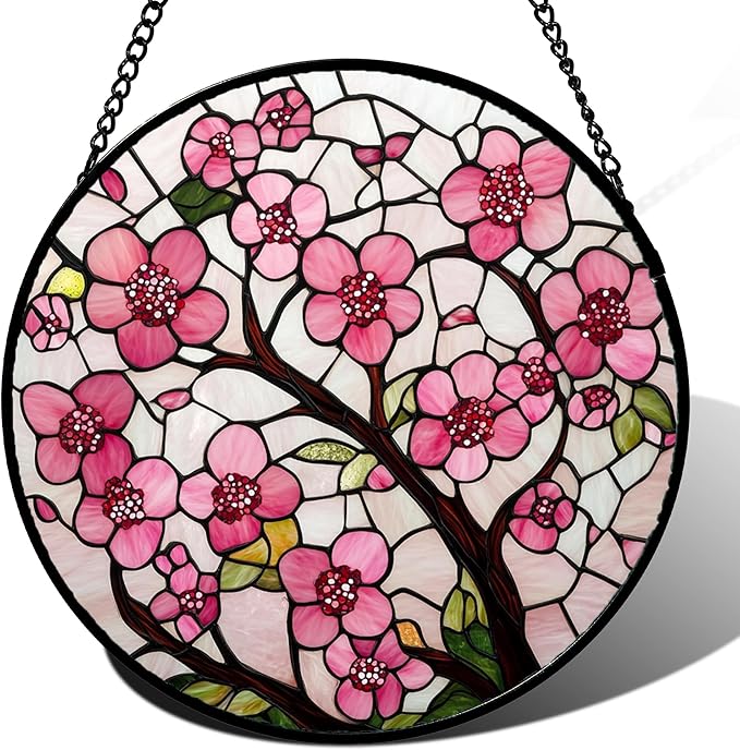 CRISGIF Stained Glass Window Hanging - Cherry Blossoms Birth Flower Suncatcher for Door Garden Patio Sun Catchers Decor Christmas Mother's Day Birthday Gifts for Women Mom Nana Friend Wife 7.8 in