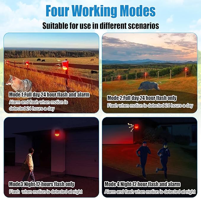 Qualirey 8 Pack Solar Sound and Light Alarm Motion Sensor 129db Outdoor Security Siren Waterproof Motion Activated Detector Alarm 6 LEDs Flash Warning Strobe System for Home, Farm (Red)