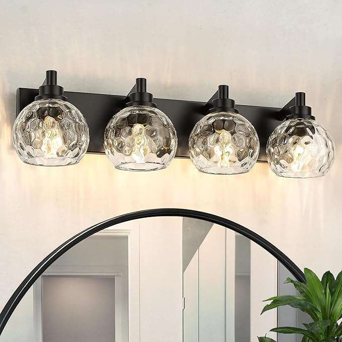 METWET Bathroom Light Fixtures Over Mirror, 26" Matte Black Vanity Light with Clear Hammered Glass Globe Shade, 4-Light Modern Sconces Wall Lighting for Bedroom Hallway, VL200-MB-CL-4