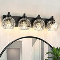 METWET Bathroom Light Fixtures Over Mirror, 26" Matte Black Vanity Light with Clear Hammered Glass Globe Shade, 4-Light Modern Sconces Wall Lighting for Bedroom Hallway, VL200-MB-CL-4