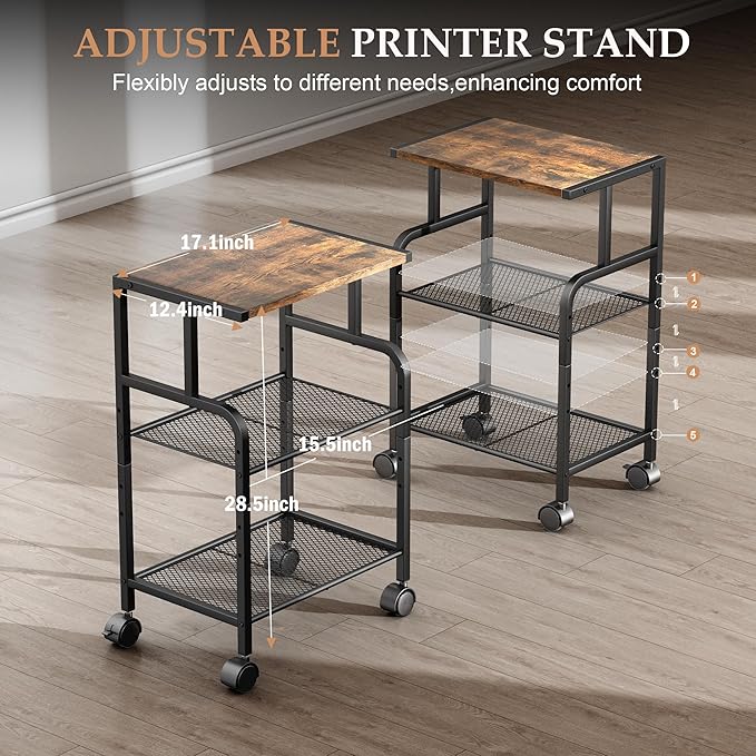 Alexayhome Printer Cart with Wheels,Small Printer Stand with Storage, Printer Table for Home Office, 3 Tier Cart with Adjustable Shelf, Supports Up to 80 Lbs for Home Office, Kitchen, Living Room