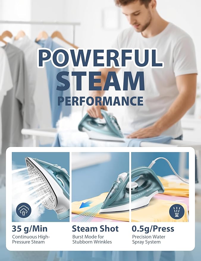 Steam Iron for Clothes - 1500W Iron with Ceramic Coated Soleplate, Rapid Heating, Self-Cleaning, Auto-Off, 11.84oz Water Tank, Precise Thermostat, Home Use Green