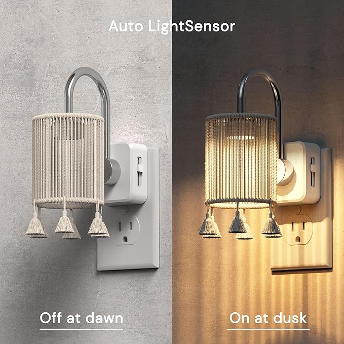 L LOHAS LED Night Lights Plug into Wall, Boho Fabric Cylinder Night Light with Tassel, 0-100LM Dimmable Night Lights, Dusk to Dawn Sensor, Vintage Nightlight for Bedroom, Living Room, Hallway