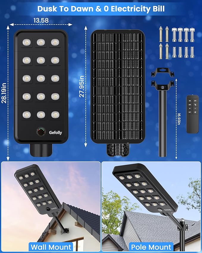 Gefolly G-15000W Solar Street Light Outdoor, Wide Angle Commercial Parking Lot Light Dusk to Dawn 6500K IP67 Flood Security with Motion Sensor Lamp for Yard, Basketball Court