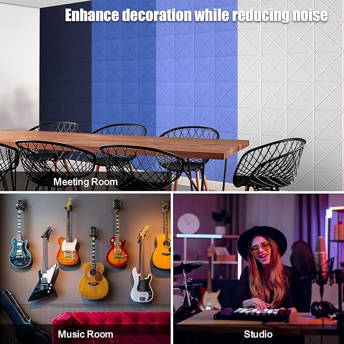Sonicism 12 Pack X-Lined Acoustic Panels with Self-Adhesive, 12"X 12"X 0.4" Sound Proof Foam Panels, Decorative Soundproof Wall Panels, Sound Absorbing Tile for Home & Offices, White
