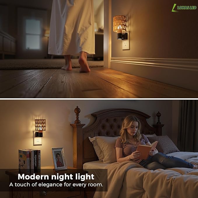 L LOHAS LED Night Lights Plug into Wall, Cylindrical Ironwork Boho Lampshade Decor Night Light, 350° Rotatable Dusk to Dawn Sensor Vintage Nightlight, Dimmable for Bedroom Living Room Hallway