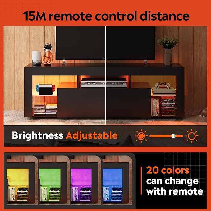 WLIVE TV Stand with LED Lights & 2 Large Storage Drawers, Modern Entertainment Center for 32/43/50/55/60 Inchs TVs, Sturdy TV Console for Living Room, Bedroom(Black)