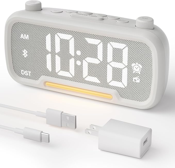 Alarm Clock Radio for Bedrooms, Hi-Fi Sound, Clock Radio with Bluetooth Speaker, Adjustable Dimmer, Auto-off Timer, Night Light, Dual Charging Ports, Ideal for Bedrooms, Dorms & Home Offices(White)