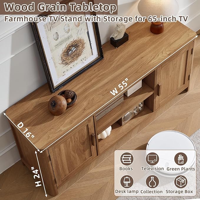 Joaxswe Farmhouse 55" Entertainment Center,Dark Wood Tv Stand with Adjustable Shelves & 2 Door Storage,Wooden Media Console Cabinet for TVs Up to 65 inches, Rustic Tv Stands for Living Room,Bedroom