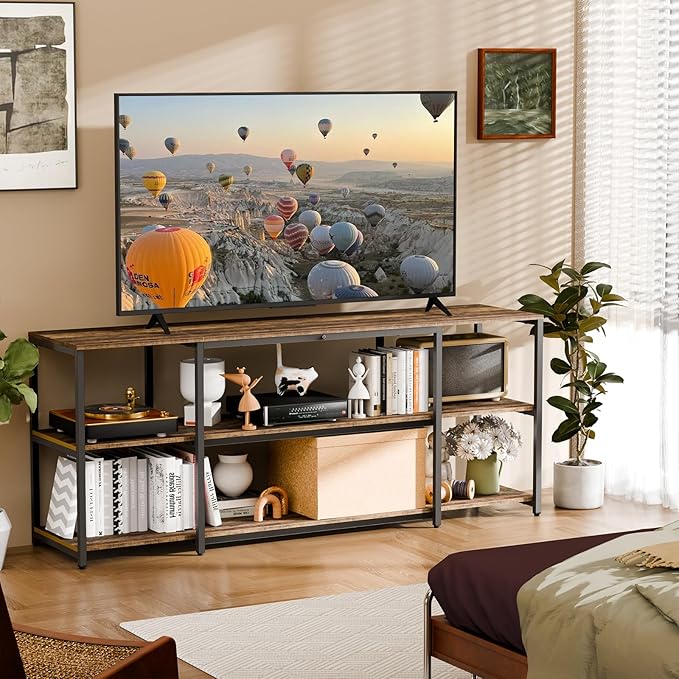 Aquzee 65 inch TV Stand, Entertainment Center for 40" 55" 60" 65" Television, Wood & Metal TV Console Table,Single Shelf Load 210lbs, 3Tiers Storage Rustic Television Stands, for Living Room Bedroom