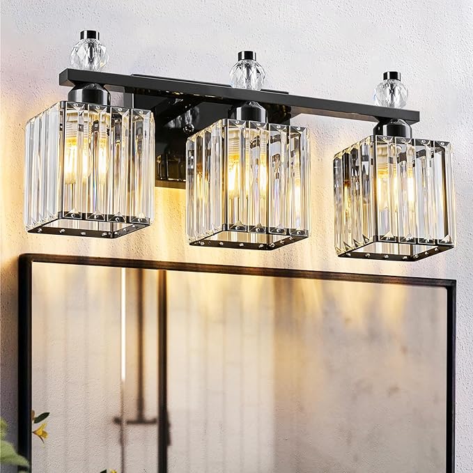 FDPBY Black Bathroom Vanity Lights Crystal Vanity Light Bathroom Lighting Fixtures 3 Light Modern Vanity Lighting Fixtures
