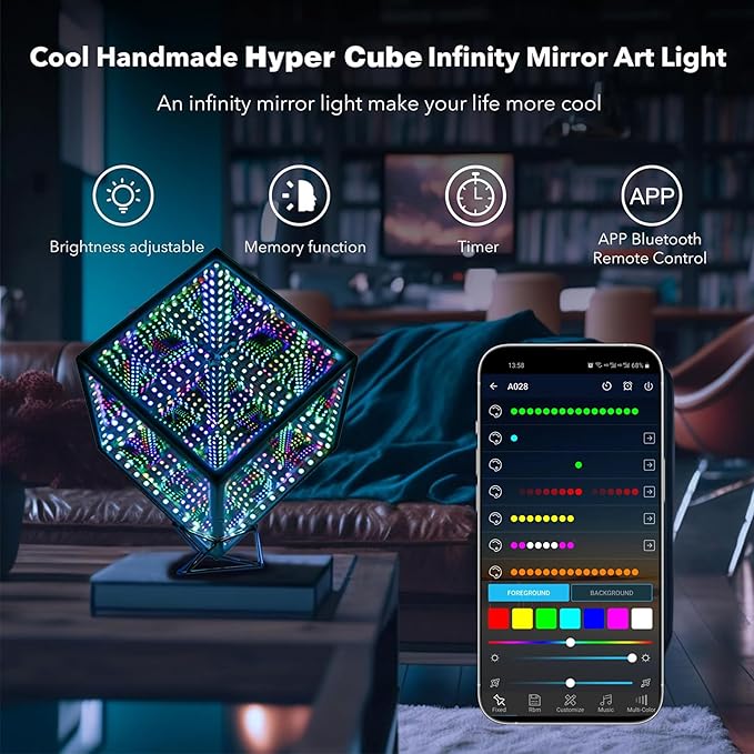 Heepulor Infinity Hyper Cube LED Table Lamp, Color-Changing Music-Sync APP-Controlled Ambient Light for Gaming, Party, Home (10 Inches)