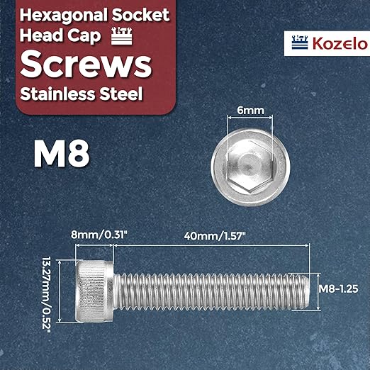 Kozelo 10pcs Socket Head Cap Screws - [M8-1.25 x 40mm] 304 Stainless Steel Allen Socket Drive for Electrical Motor 3D Printing Fan Engine Replacement Use, Silver