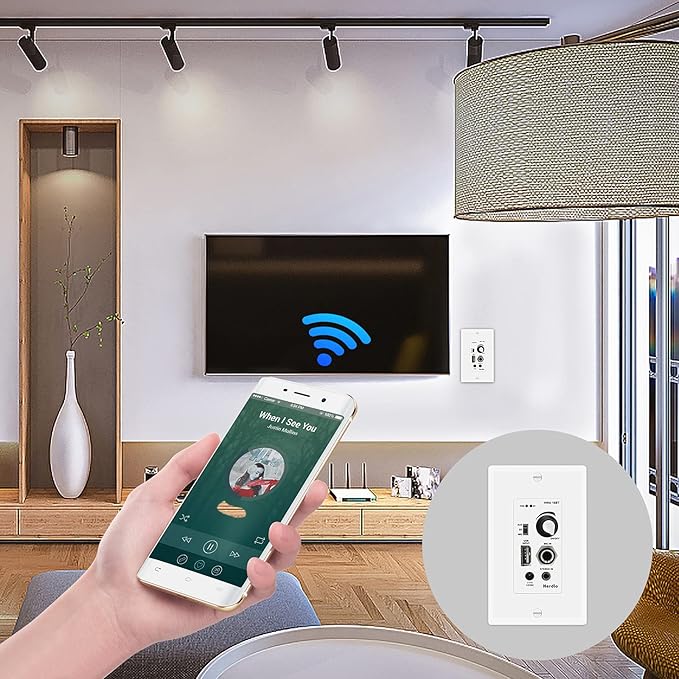 Herdio in Wall Audio Control Amplifier Receiver 2 Channel Wall Plate with USB Microphone Aux (3.5mm) Input 100Watt Max Module for Sound Systems Home Theater Integration Compatible with Bluetooth