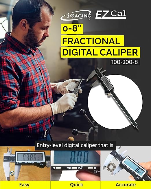 iGAGING EZCal Digital Caliper 0-8"/200 mm - IP54 Electronic Caliper with Extra-Large LCD Display - Quick & Accurate Measurements in Inch, Metric, & Fraction Modes - Includes Case, Manual, & Battery