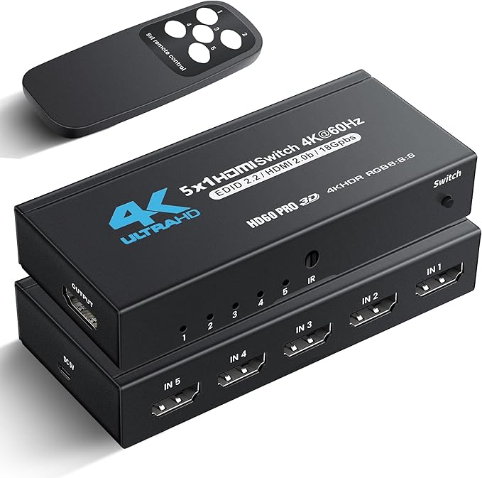 [Upgrade] NEWCARE 4K@60Hz HDMI Switch 5 in 1 Out with Type-C Charging Cable, HDMI Switcher with IR Remote,5 Port HDMI Selector Box Support HDMI 2.0, Compatible with TV PS5/4 Xbox Laptops PC Projector