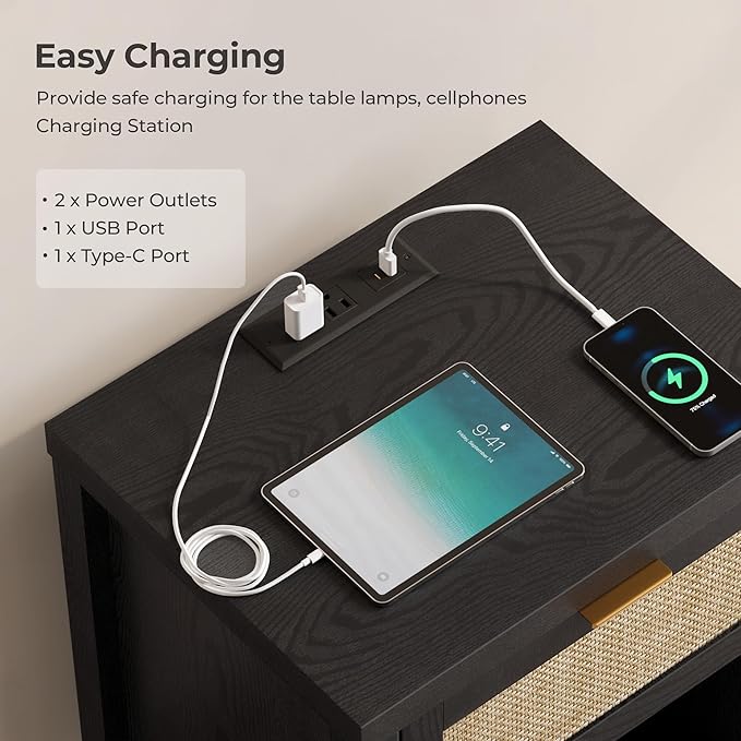 SICOTAS Black Nightstands Set of 2 with Charging Station - Boho Rattan Night Stand with Drawer, Modern Bedside Table with USB and Type-C Ports, Bed Side Tables for Bedroom, Black Oak, 2 PCS