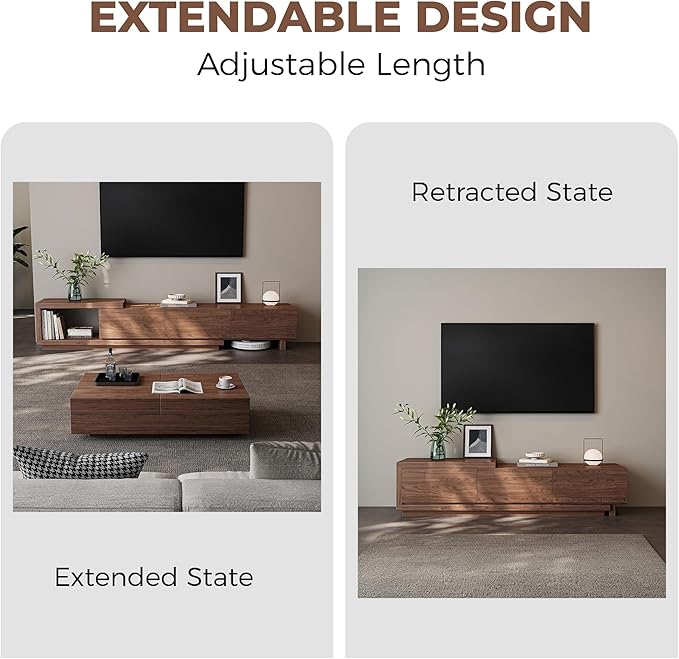 Etelifrank Extendable TV Stand for 65-100 Inches TVs – Walnut Entertainment Console with 3 Drawers & 1 Storage Compartment, Adjustable Length 68.5''-98.4'' (Walnut, 68.5''-98.4'')