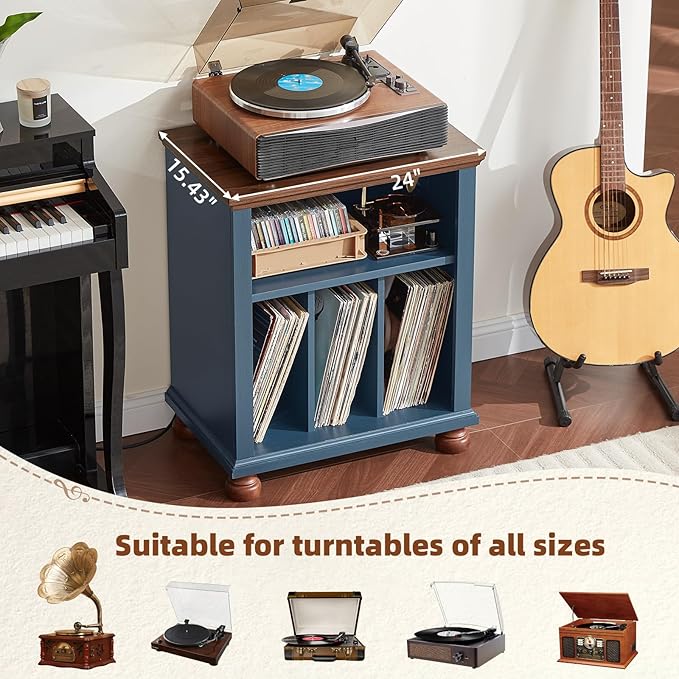 Joaxswe Record Player Stand with Charging Station Up to 200 Albums, 24" Wide Mid-Century Record Player Table with Vinyl Record Storage,Large Wood Turntable Stand Dispaly Cabinet for Living Room,Blue