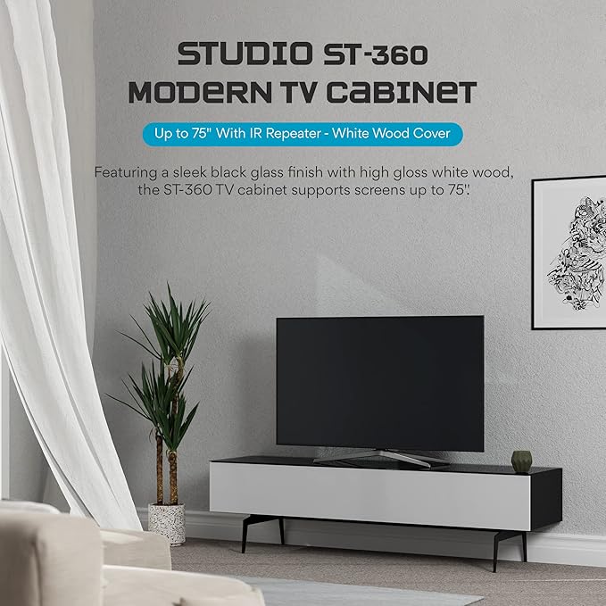 SONOROUS ST-360 Premium TV Stand for Living Room – Modern TV Stands & Entertainment Center with Storage – Black Glass & White Wood Cover – Luxury Media Console with Metal Legs for TVs up to 75 inches