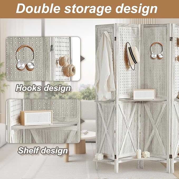 Aleesing 4 Panel Pegboard Display with 16 Hooks, Wooden Pegboard Room Divider Wall with Shelf, Partition Room Dividers and Folding Privacy Screens, Bedroom, Jewelry Store, White