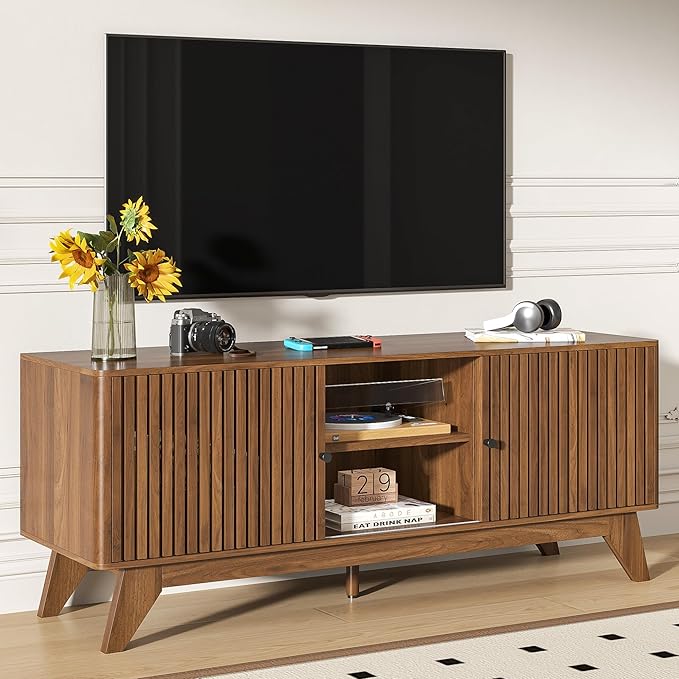 Oubayajia Mid Century Modern TV Stand for Televisions up to 60 Inches, with Sliding Doors and Storage, Curved Edge Television Stands, TV Consoles, Media Consoles for Living Room (Walnut, 51.2inch)