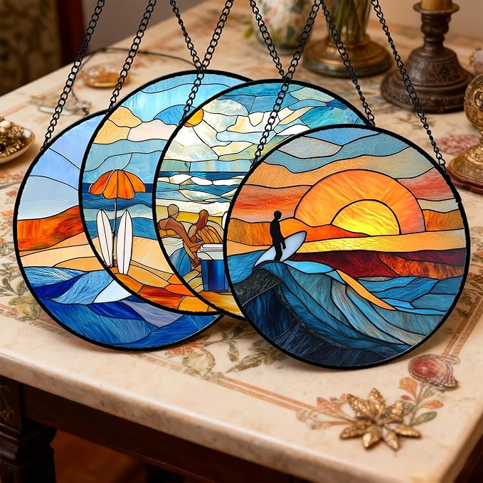 AMDERVEN Stained Glass Window Hanging 4 Pcs Set Blue Ocean Surfing Beach 6.3" - Suncatcher Door Garden Sun Catcher Decor Birthday Mother's Day for Firefighte Men Woman Nana Mom