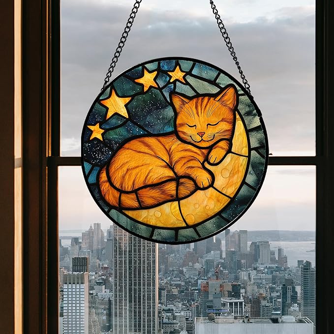 AMDERVEN Stained Glass Window Hanging - Orange Cat Sun Catcher for Door Home Decor Stars and Moon Suncatcher Christmas Mother's Day Birthday Loss of a Pet Gifts for Women Men Mom Nana 7.8 in