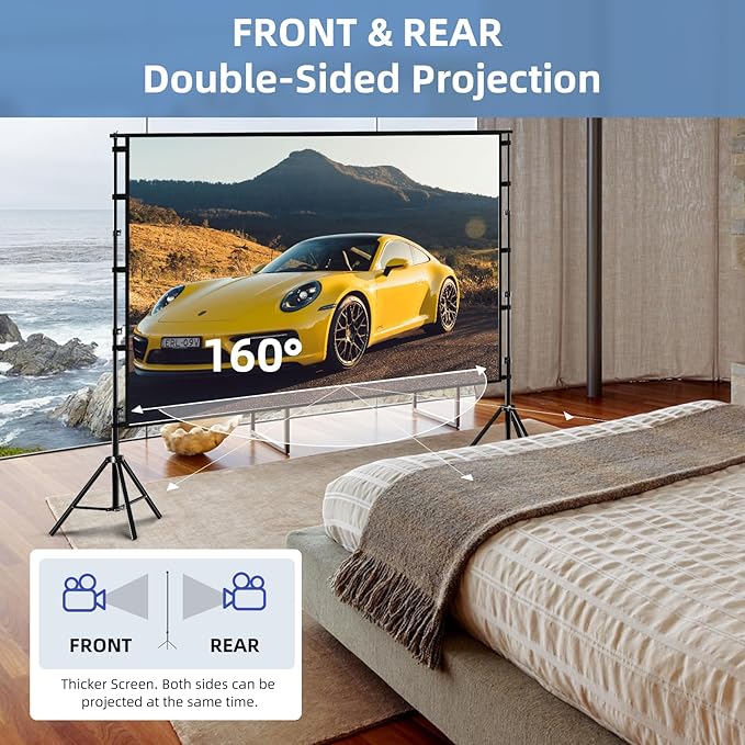 TOWOND Projector Screen and Stand, 100 inch Projection Screen Outdoor Indoor, Portable 16:9 4K HD Rear Front Movie Screen with Carry Bag Wrinkle-Free Design for Home Theater Backyard Cinema