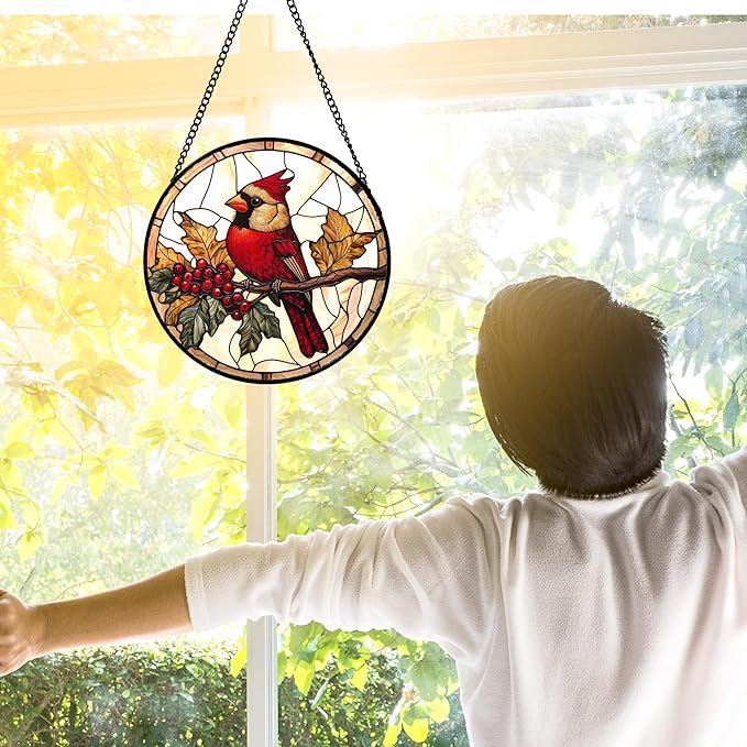 DASTOLL Stained Glass Window Hanging, Birds on a Branch Cardinal Sun Catchers Diamond Glass Panel Hangings Suncatcher Decor for Birthday for Women, Men, Wife, Aunt, and Mom 6.3 in