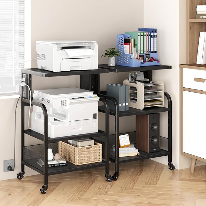 Garvee 3-Tier Large Printer Stand with Power Outlets & USB Ports, Industrial Rolling Printer Cart with Heavy Duty Metal Frame & Adjustable Shelf, with Storage & Lockable Wheels for Home Office, Black