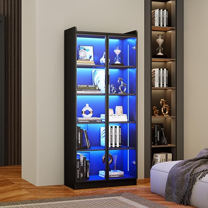 Dystler Display Cabinet with Doors and Adjustable Shelves, 65" Tall Bookcase with LED Lights/Human Sensor, 5 Tier Display Case for Collectibles Bedroom Living Room Office, Black