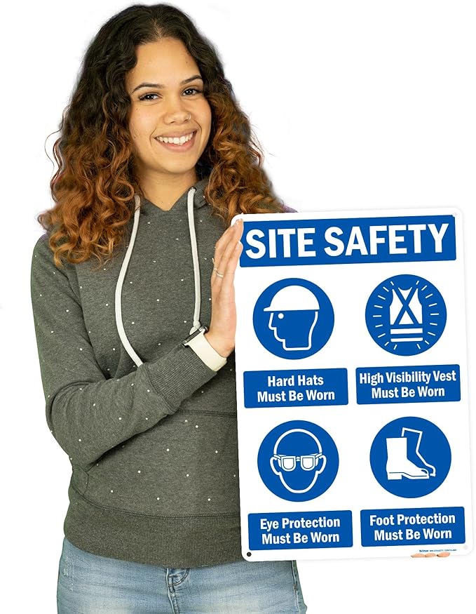 Brimar - 12" x 18" - Site Safety Mandatory PPE Sign - .063″ White Rust-Free Aluminum - Comprehensive Message - Easy Installation