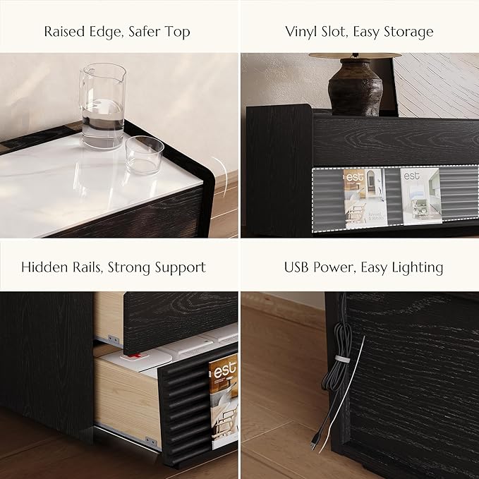 POVISON Fully-Assembled Mid Century Glossy Sintered Stone TV Stand, 118.11" Wood Media Console with Adjustable LED Light, Entertainment Center with Storage for Living Room(Black)