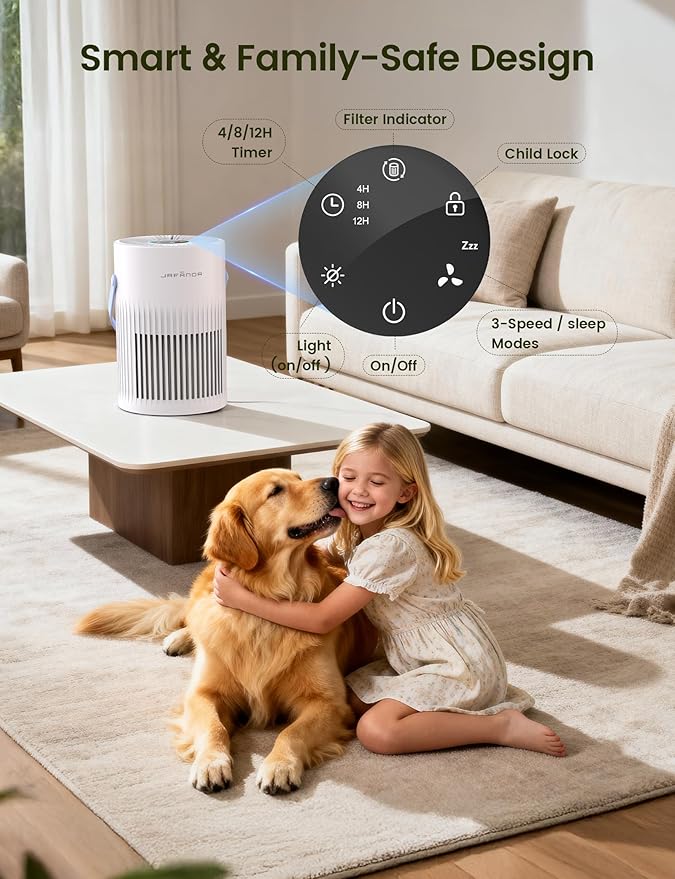 Air Purifer for Home, True HEPA Air Purifier for Bedroom, Air Cleaner for Pet Dander, Quiet Sleep Mode, Portable Air Purifier for Office, Odor, Dust, Smoke