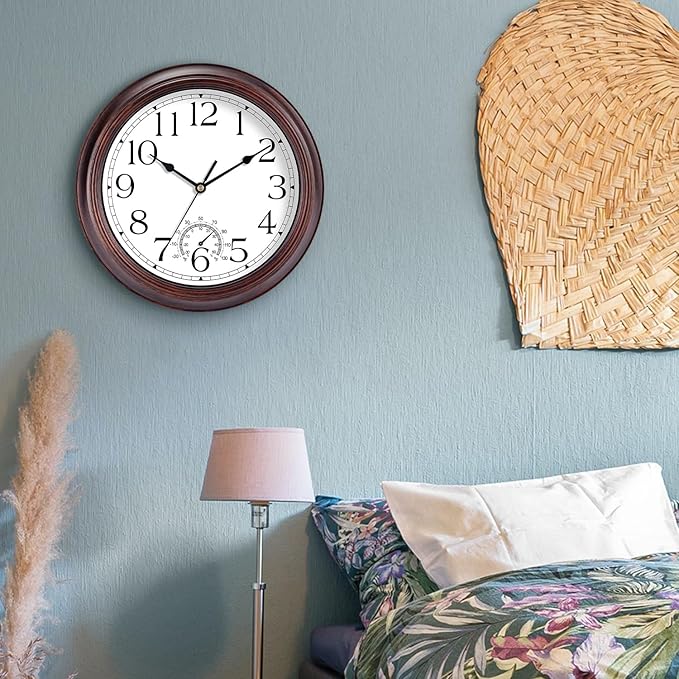 KECYET 14 Inch Outdoor Wall Clock with Thermometers, Vintage Silent Wall Clocks Battery Operated, Retro Non-Ticking Clock Decorative for Living Room, Patio, Kitchen, Office, Bathroom, Bedroom(Bronze)