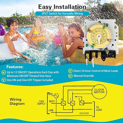T101 Mechanical Timer Switch, 120V 40A SPST, 2HP for Outdoor Light Timer, Water Heater, HVAC & Pool Pump – 12 ON/Off Cycles, Manual Override, Trippers Included – Ideal for All Uses